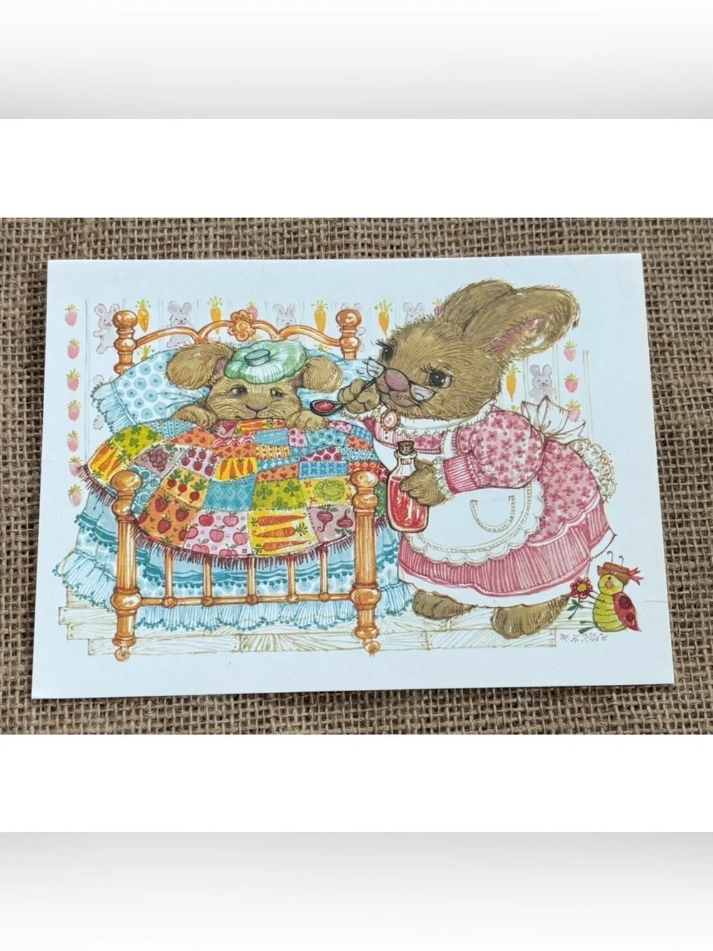 Vintage M H Hine Sick Bunny Rabbit Get Well Soon Card Cute Animals Framable